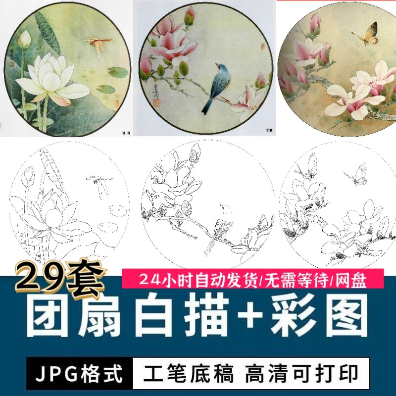 工笔花鸟白描国画团扇线描底稿彩图临摹参考电子版高清图片素材库-虚拟货源仓
