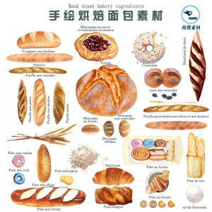 手绘水彩面包烘焙法棍甜甜圈甜点手账卡片PNG免扣图设计素材-虚拟货源仓